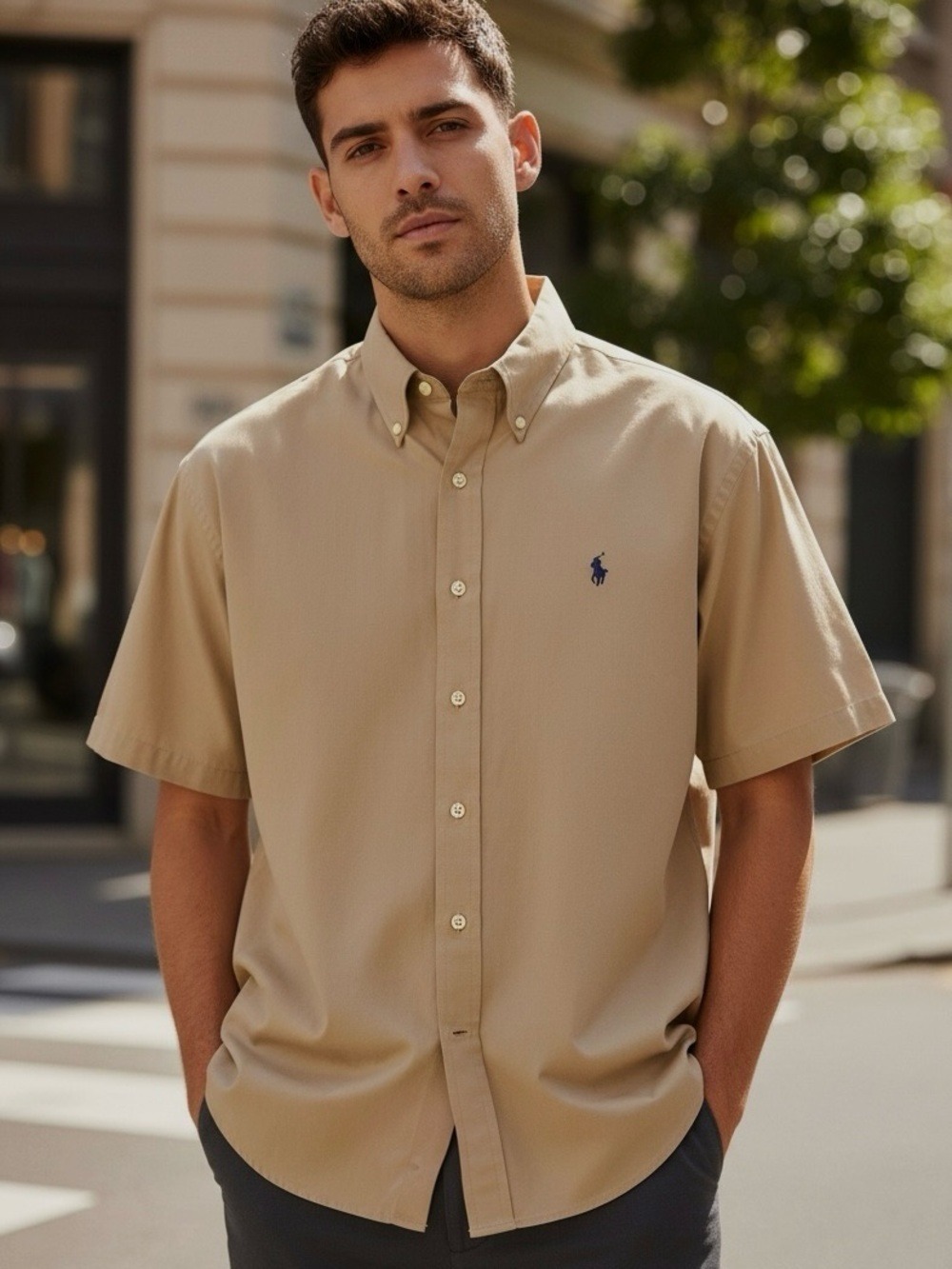 VTG RALPH LAUREN BLUE LABEL BLAKE KHAKI COTTON SHORT SLEEVE SHIRT GRANDPA CORE L